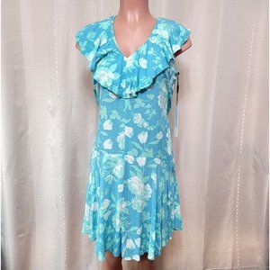 Calvin Klein Floral Challis Ruffle Hem Dress Women's Size 2 Mykonos Blue NWT